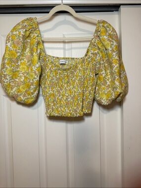 Faithfull the Brand Floral Smocked Puff Sleeve Crop Top - Yellow